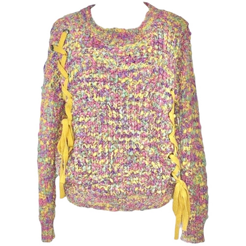 M Hersperus Multicolored Confetti Knit Lace Up Long Sleeve Crop Sweater Top